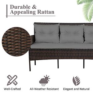 Tangkula 3 Pieces Patio Conversation Set, Outdoor PE Rattan Wicker Furniture Set W/Cozy Cushions, All Weather Sectional Sofa Set W/Tempered Glass Coffee Table for Poolside, Backyard, Garden (Gray)