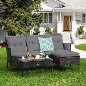 Tangkula 3 Pieces Patio Conversation Set, Outdoor PE Rattan Wicker Furniture Set W/Cozy Cushions, All Weather Sectional Sofa Set W/Tempered Glass Coffee Table for Poolside, Backyard, Garden (Gray)