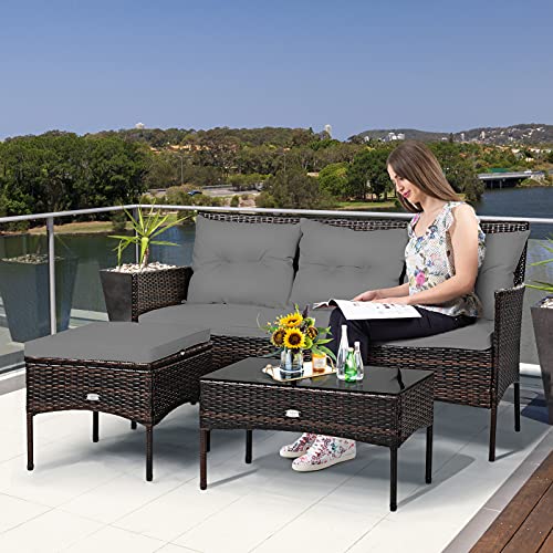 Tangkula 3 Pieces Patio Conversation Set, Outdoor PE Rattan Wicker Furniture Set W/Cozy Cushions, All Weather Sectional Sofa Set W/Tempered Glass Coffee Table for Poolside, Backyard, Garden (Gray)