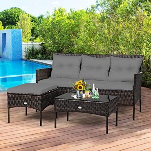 Tangkula 3 Pieces Patio Conversation Set, Outdoor PE Rattan Wicker Furniture Set W/Cozy Cushions, All Weather Sectional Sofa Set W/Tempered Glass Coffee Table for Poolside, Backyard, Garden (Gray)