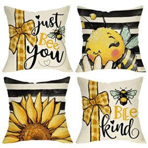 fjfz spring bumble bee sunflower decorative throw pillow covers 18×18 set of 4, summer farmhouse black white stripe porch patio home decor, yellow buffalo plaid check quote outdoor couch cushion case