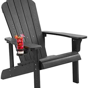 hOmeHua Hard Plastic Adirondack Chair Weather Resistant with Cup Holder, Imitation Wood Stripes, Easy to Assemble & Maintain, Outdoor Chair for Patio, Backyard Deck, Fire Pit & Lawn Porch - Black