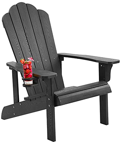 hOmeHua Hard Plastic Adirondack Chair Weather Resistant with Cup Holder, Imitation Wood Stripes, Easy to Assemble & Maintain, Outdoor Chair for Patio, Backyard Deck, Fire Pit & Lawn Porch - Black