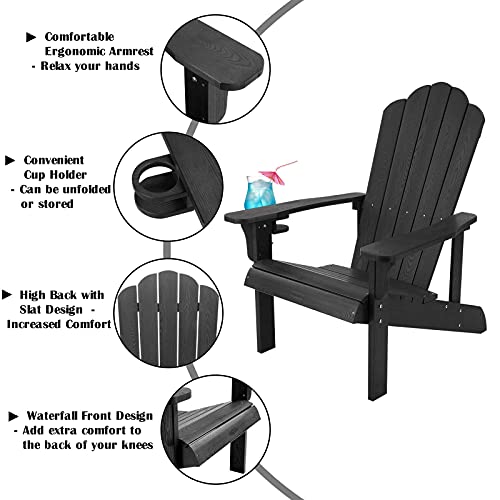 hOmeHua Hard Plastic Adirondack Chair Weather Resistant with Cup Holder, Imitation Wood Stripes, Easy to Assemble & Maintain, Outdoor Chair for Patio, Backyard Deck, Fire Pit & Lawn Porch - Black