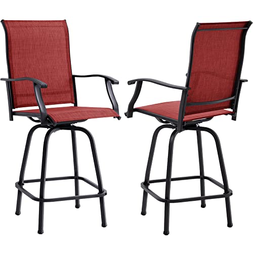 PIAOMTIEE Outdoor Swivel Bar Stools Set of 2, Bar Height Patio Chairs with High Back and Armrest, All Weather-Resistant Textilene Outside Dining Chairs for Garden Lawn Deck, Red