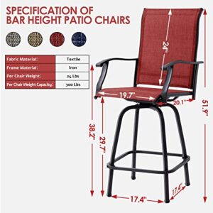 PIAOMTIEE Outdoor Swivel Bar Stools Set of 2, Bar Height Patio Chairs with High Back and Armrest, All Weather-Resistant Textilene Outside Dining Chairs for Garden Lawn Deck, Red