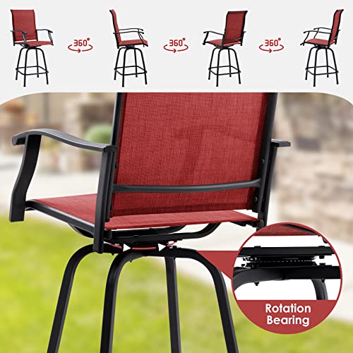 PIAOMTIEE Outdoor Swivel Bar Stools Set of 2, Bar Height Patio Chairs with High Back and Armrest, All Weather-Resistant Textilene Outside Dining Chairs for Garden Lawn Deck, Red