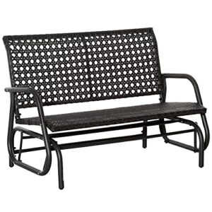 outsunny 2-person outdoor wicker glider bench, patio garden pe rattan swing loveseat chair with extra wide seat and curved backrest for porch, backyard, poolside, or lawn, dark grey