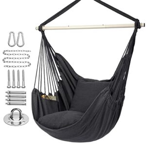 y- stop hammock chair hanging rope swing, max 500 lbs, 2 seat cushions included, quality cotton weave for superior comfort, durability with hardware kit (dark grey)