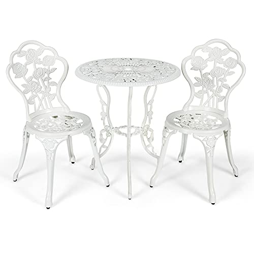 Giantex 3 Piece Bistro Set, Cast Aluminum Porch Furniture, Outdoor Patio Dining Table and Chairs with Umbrella Hole for Balcony Backyard Garden Poolside (White Rose Pattern)