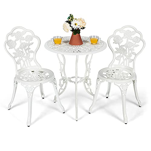 Giantex 3 Piece Bistro Set, Cast Aluminum Porch Furniture, Outdoor Patio Dining Table and Chairs with Umbrella Hole for Balcony Backyard Garden Poolside (White Rose Pattern)