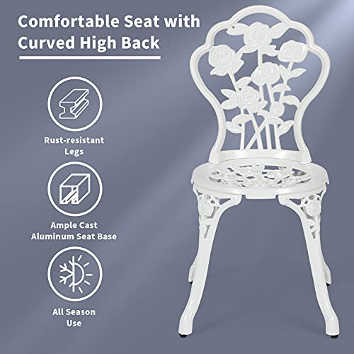 Giantex 3 Piece Bistro Set, Cast Aluminum Porch Furniture, Outdoor Patio Dining Table and Chairs with Umbrella Hole for Balcony Backyard Garden Poolside (White Rose Pattern)