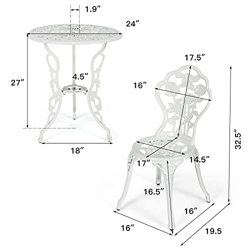 Giantex 3 Piece Bistro Set, Cast Aluminum Porch Furniture, Outdoor Patio Dining Table and Chairs with Umbrella Hole for Balcony Backyard Garden Poolside (White Rose Pattern)