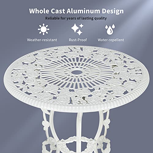 Giantex 3 Piece Bistro Set, Cast Aluminum Porch Furniture, Outdoor Patio Dining Table and Chairs with Umbrella Hole for Balcony Backyard Garden Poolside (White Rose Pattern)