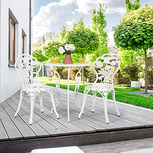 Giantex 3 Piece Bistro Set, Cast Aluminum Porch Furniture, Outdoor Patio Dining Table and Chairs with Umbrella Hole for Balcony Backyard Garden Poolside (White Rose Pattern)