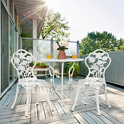 Giantex 3 Piece Bistro Set, Cast Aluminum Porch Furniture, Outdoor Patio Dining Table and Chairs with Umbrella Hole for Balcony Backyard Garden Poolside (White Rose Pattern)