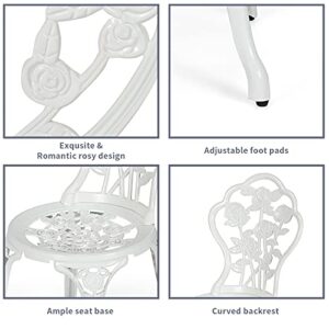 Giantex 3 Piece Bistro Set, Cast Aluminum Porch Furniture, Outdoor Patio Dining Table and Chairs with Umbrella Hole for Balcony Backyard Garden Poolside (White Rose Pattern)