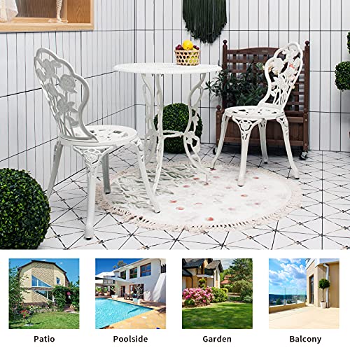 Giantex 3 Piece Bistro Set, Cast Aluminum Porch Furniture, Outdoor Patio Dining Table and Chairs with Umbrella Hole for Balcony Backyard Garden Poolside (White Rose Pattern)