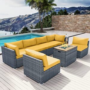 MODENZI Outdoor Sectional Patio Furniture Set with Propane Fire Pit Table Grey Resin Wicker Phoenix Collection Sofa Set (Yellow with Ice Bucket)