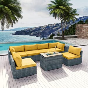 MODENZI Outdoor Sectional Patio Furniture Set with Propane Fire Pit Table Grey Resin Wicker Phoenix Collection Sofa Set (Yellow with Ice Bucket)