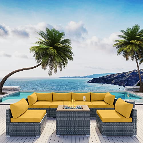 MODENZI Outdoor Sectional Patio Furniture Set with Propane Fire Pit Table Grey Resin Wicker Phoenix Collection Sofa Set (Yellow with Ice Bucket)
