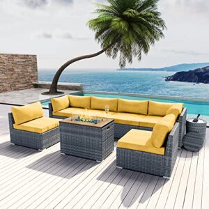 MODENZI Outdoor Sectional Patio Furniture Set with Propane Fire Pit Table Grey Resin Wicker Phoenix Collection Sofa Set (Yellow with Ice Bucket)