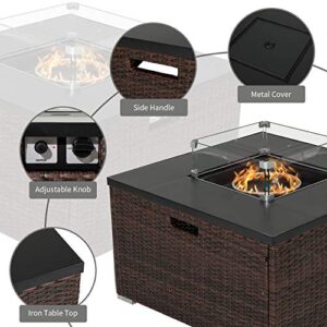 SUNBURY Outdoor 7 Piece Sectional Sofa Propane Fire Pit, Dark Brown Patio Furniture Set w 32-inch 40,000 BTU Square Wicker Fire Table Tank 20 gal Outside for Garden, Poolside, Backyard