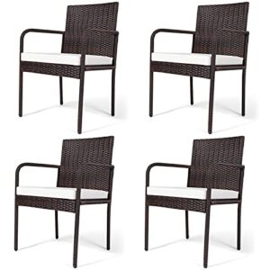 tangkula 4-piece patio rattan dining chairs, patiojoy outdoor wicker dining chairs with padded sponge cushion, high back curved armrests, ideal for garden poolside lawn backyard (brown)