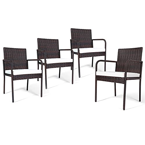 Tangkula 4-Piece Patio Rattan Dining Chairs, Patiojoy Outdoor Wicker Dining Chairs with Padded Sponge Cushion, High Back Curved Armrests, Ideal for Garden Poolside Lawn Backyard (Brown)