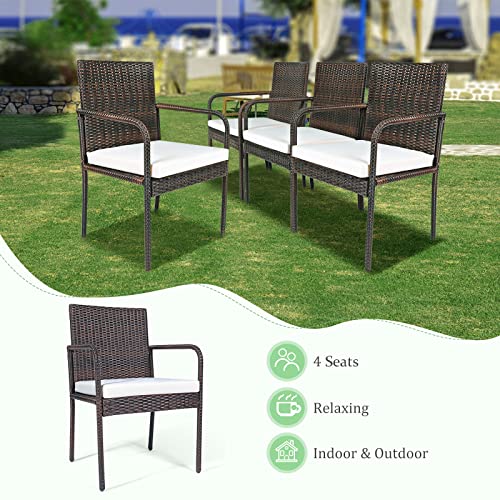 Tangkula 4-Piece Patio Rattan Dining Chairs, Patiojoy Outdoor Wicker Dining Chairs with Padded Sponge Cushion, High Back Curved Armrests, Ideal for Garden Poolside Lawn Backyard (Brown)
