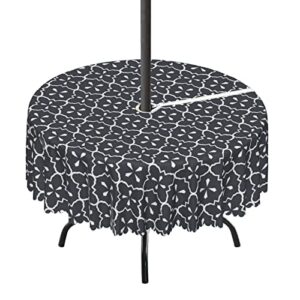 damask pattern round outdoor tablecloth,round tablecloth with umbrella hole and zipper for patio garden,waterproof spill-proof,for camping, picnic, spring, patio, party(72″ round,grey and white)