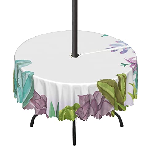 Lirduipu Cactus Pattern Round Outdoor Tablecloth,Stain-Resistant Non-Slip Outdoor Round Tablecloth with Umbrella Hole and Zipper,for Umbrella Table Patio Garden(72" Round,Multicolor)