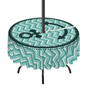 Lirduipu Anchor Pattern Round Outdoor Tablecloth,Outdoor Round Tablecloth with Umbrella Hole - Water Resistant Spillproof,for Umbrella Table Patio Garden(72" Round,Dark Green Turquoise)