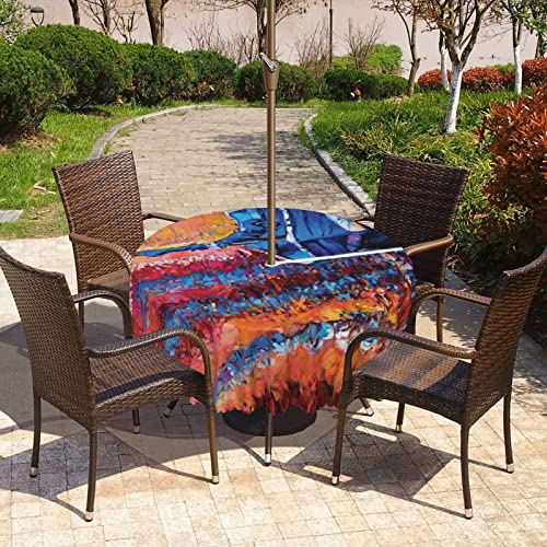 Lirduipu Country Pattern Round Outdoor Tablecloth,Stain-Resistant Non-Slip Outdoor Round Tablecloth with Umbrella Hole and Zipper,for Party Patio Garden Tabletop Decor(72" Round,Multicolor)