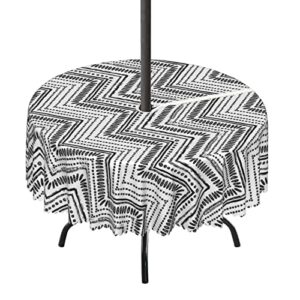 lirduipu chevron pattern round outdoor tablecloth,round table cloth washable water resistance tablecloth with umbrella hole zippered,for patio garden tabletop decor(72″ round,black white)