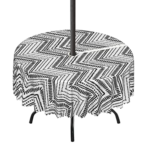 Lirduipu Chevron Pattern Round Outdoor Tablecloth,Round Table Cloth Washable Water Resistance Tablecloth with Umbrella Hole Zippered,for Patio Garden Tabletop Decor(72" Round,Black White)