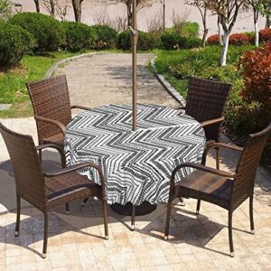 Lirduipu Chevron Pattern Round Outdoor Tablecloth,Round Table Cloth Washable Water Resistance Tablecloth with Umbrella Hole Zippered,for Patio Garden Tabletop Decor(72" Round,Black White)