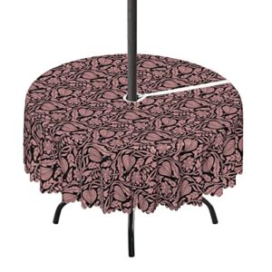 lirduipu damask pattern round outdoor tablecloth,round tablecloth with umbrella hole and zipper for patio garden,waterproof spill-proof,for backyard party bbq decor(72″ round,pale rose charcoal grey)