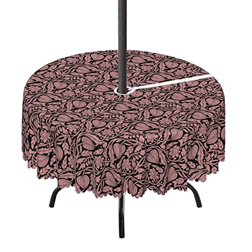 Lirduipu Damask Pattern Round Outdoor Tablecloth,Round Tablecloth with Umbrella Hole and Zipper for Patio Garden,Waterproof Spill-Proof,for Backyard Party BBQ Decor(72" Round,Pale Rose Charcoal Grey)