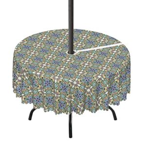 lirduipu damask pattern round outdoor tablecloth,round table cloth washable water resistance tablecloth with umbrella hole zippered,for patio garden tabletop decor(72″ round,multicolor)