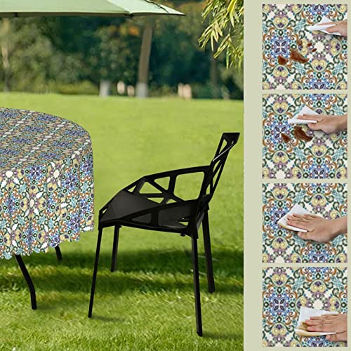 Lirduipu Damask Pattern Round Outdoor Tablecloth,Round Table Cloth Washable Water Resistance Tablecloth with Umbrella Hole Zippered,for Patio Garden Tabletop Decor(72" Round,Multicolor)