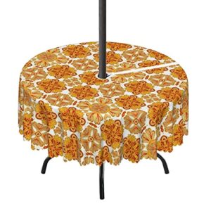 Autumn Damask Pattern round outdoor tablecloth,Round Tablecloth with Umbrella Hole and Zipper for Patio Garden,Waterproof Spill-Proof,for patio table with umbrella(72" Round,Dark Mustard and Paprika)