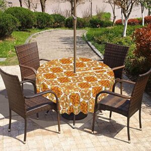 Autumn Damask Pattern round outdoor tablecloth,Round Tablecloth with Umbrella Hole and Zipper for Patio Garden,Waterproof Spill-Proof,for patio table with umbrella(72" Round,Dark Mustard and Paprika)