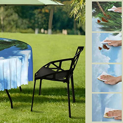 Beach Pattern round outdoor tablecloth,Round Tablecloth with Umbrella Hole and Zipper for Patio Garden,Waterproof Spill-Proof,for patio table with umbrella hole(72" Round,Sand Brown Green Blue)