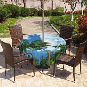 Beach Pattern round outdoor tablecloth,Round Tablecloth with Umbrella Hole and Zipper for Patio Garden,Waterproof Spill-Proof,for patio table with umbrella hole(72" Round,Sand Brown Green Blue)