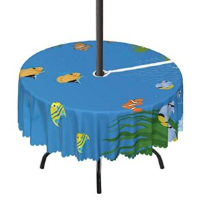 lirduipu aquarium leaf pattern round outdoor tablecloth,outdoor round tablecloth with umbrella hole – water resistant spillproof,for umbrella table patio garden(72″ round,multicolor)