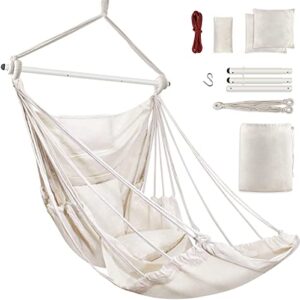 outerman hammock chair, hanging chair with 3 cushions and foot rest support, durable metal spreader bar max 500 lbs, swing chair for bedroom, indoor & outdoor, patio, porch or tree（white）