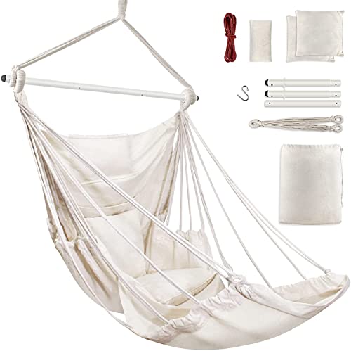 Outerman Hammock Chair, Hanging Chair with 3 Cushions and Foot Rest Support, Durable Metal Spreader Bar Max 500 Lbs, Swing Chair for Bedroom, Indoor & Outdoor, Patio, Porch or Tree（White）