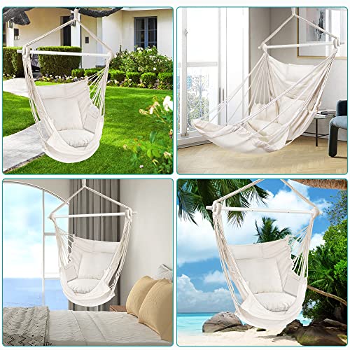 Outerman Hammock Chair, Hanging Chair with 3 Cushions and Foot Rest Support, Durable Metal Spreader Bar Max 500 Lbs, Swing Chair for Bedroom, Indoor & Outdoor, Patio, Porch or Tree（White）