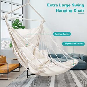 Outerman Hammock Chair, Hanging Chair with 3 Cushions and Foot Rest Support, Durable Metal Spreader Bar Max 500 Lbs, Swing Chair for Bedroom, Indoor & Outdoor, Patio, Porch or Tree（White）